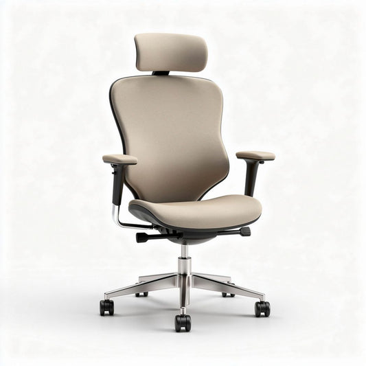 Cadeira ergonómica de escritório em tecido bege com suporte lombar e altura ajustável