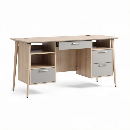 Mesa de escritório moderna em madeira clara com gavetas e prateleiras 150 x 60 x 75cm