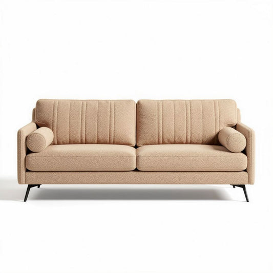 Sofá de dois lugares em tecido bege com dimensões de 200 x 80 x 85cm