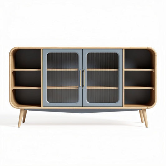 Móvel de TV em madeira natural com portas de vidro cinza 120 x 40 x 70cm